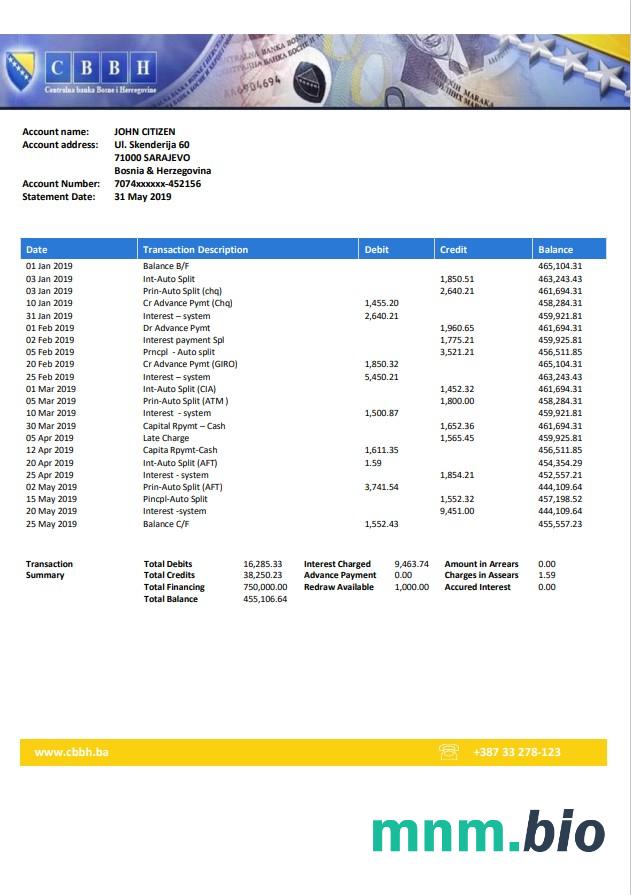 Wyciąg z banku centralnego Bośni i Hercegowiny łatwy do wypełnienia szablon w formacie Excel i PDF (AutoSum)